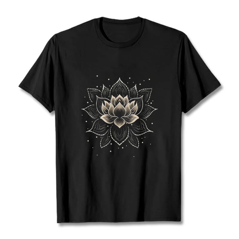 T-shirt avec motif de fleur de lotus doré et Buddha Stones - Noir - 2XL - image 0