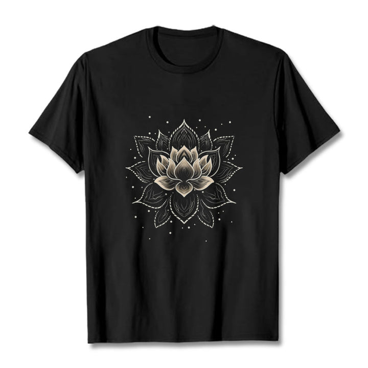 T-shirt avec motif de fleur de lotus doré et Buddha Stones - Noir - 2XL - image 0