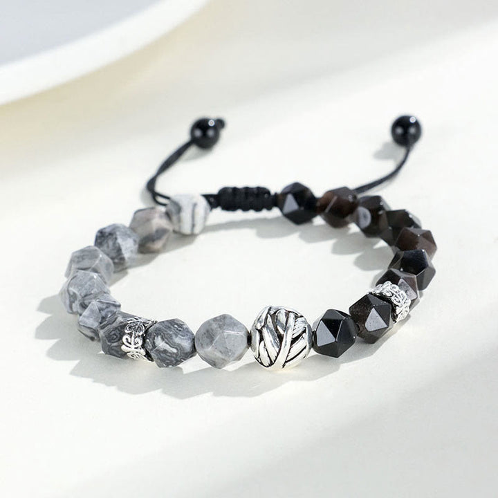 Bracelet de protection en argent sterling 925 avec Buddha Stones en forme de feuille roulée et obsidienne grise naturelle à coupe irrégulière