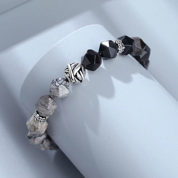 Bracelet de protection en argent sterling 925 avec Buddha Stones en forme de feuille roulée et obsidienne grise naturelle à coupe irrégulière