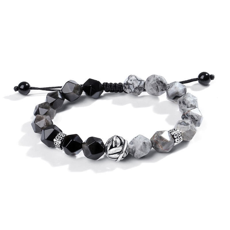 Bracelet de protection en argent sterling 925 avec Buddha Stones en forme de feuille roulée et obsidienne grise naturelle à coupe irrégulière