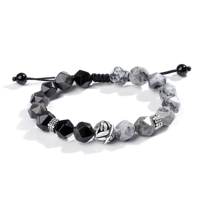 Bracelet de protection en argent sterling 925 avec Buddha Stones en forme de feuille roulée et obsidienne grise naturelle à coupe irrégulière