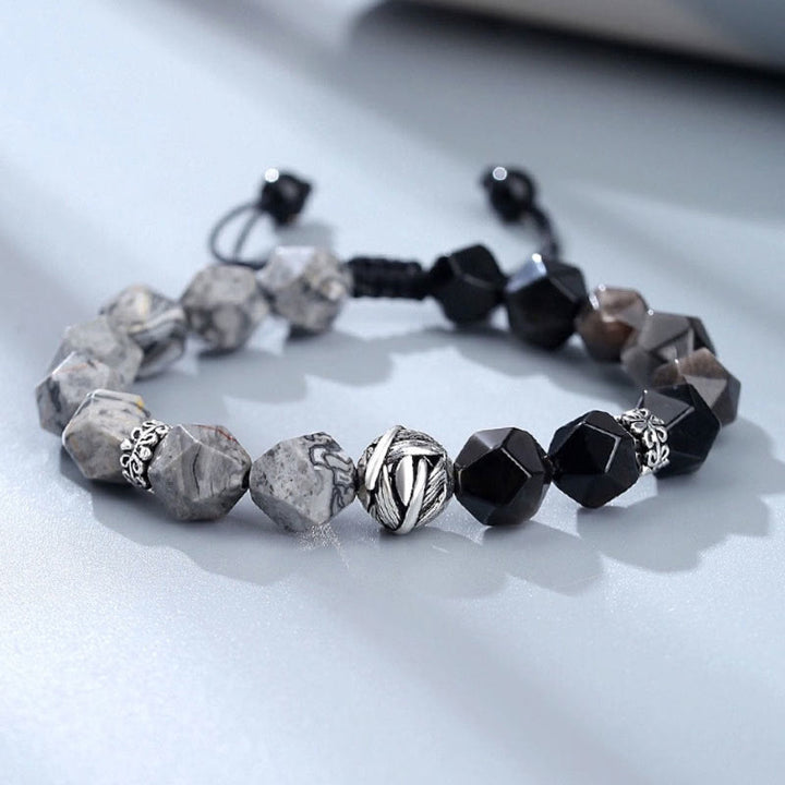 Bracelet de protection en argent sterling 925 avec Buddha Stones en forme de feuille roulée et obsidienne grise naturelle à coupe irrégulière