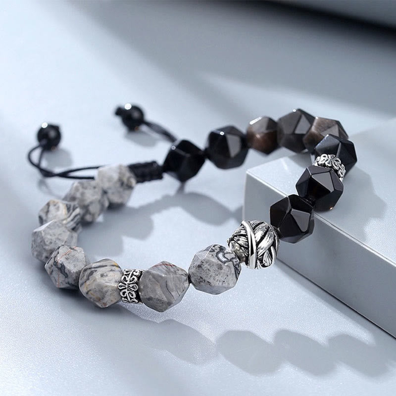 Bracelet de protection en argent sterling 925 avec Buddha Stones en forme de feuille roulée et obsidienne grise naturelle à coupe irrégulière