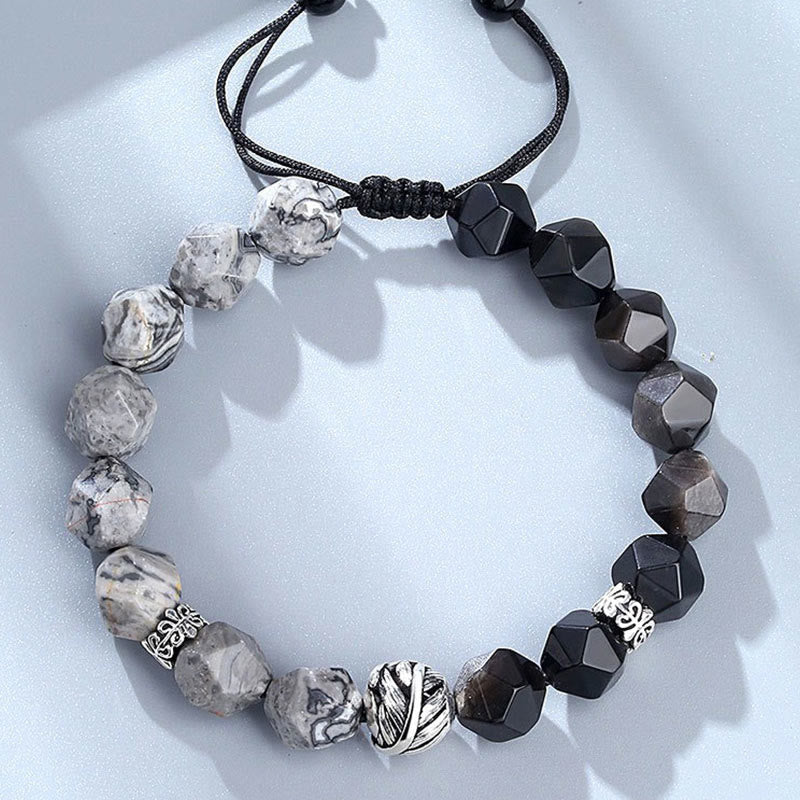 Bracelet de protection en argent sterling 925 avec Buddha Stones en forme de feuille roulée et obsidienne grise naturelle à coupe irrégulière