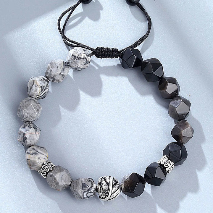 Bracelet de protection en argent sterling 925 avec Buddha Stones en forme de feuille roulée et obsidienne grise naturelle à coupe irrégulière