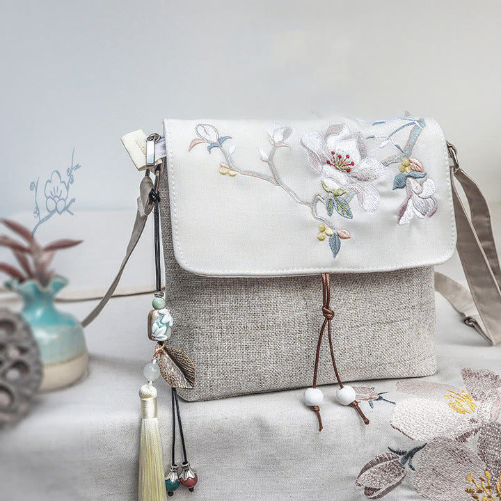 Sac à dos en toile polyester grande capacité avec broderie magnolia faite à la main et Buddha Stones