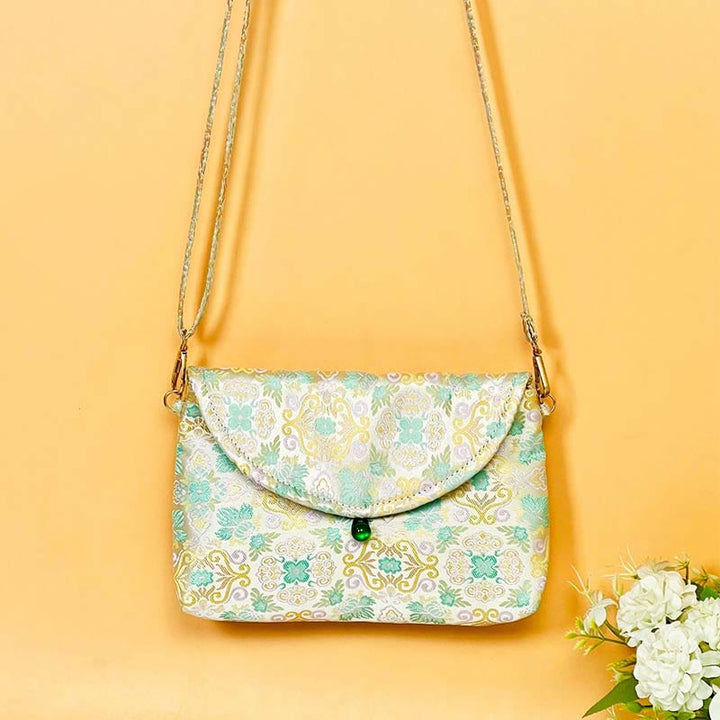 Sac bandoulière en polyester et coton brodé avec motifs de fleurs rétro et Buddha Stones