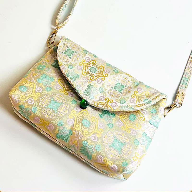 Sac bandoulière en polyester et coton brodé avec motifs de fleurs rétro et Buddha Stones