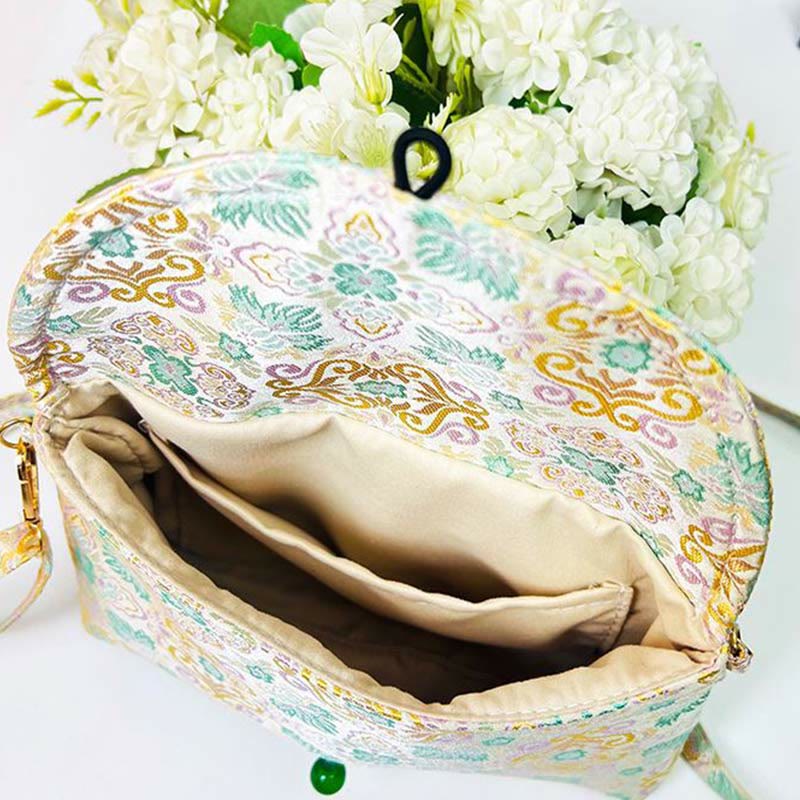 Sac bandoulière en polyester et coton brodé avec motifs de fleurs rétro et Buddha Stones