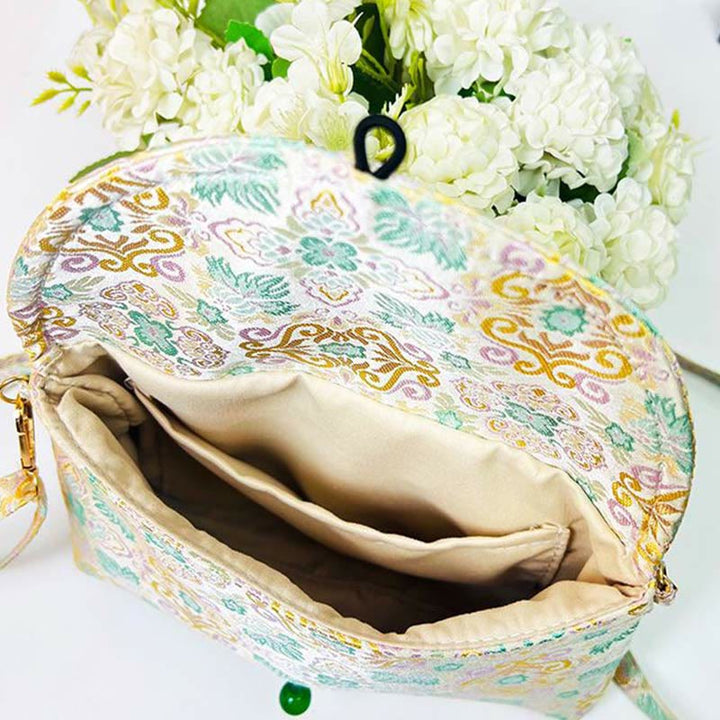 Sac bandoulière en polyester et coton brodé avec motifs de fleurs rétro et Buddha Stones