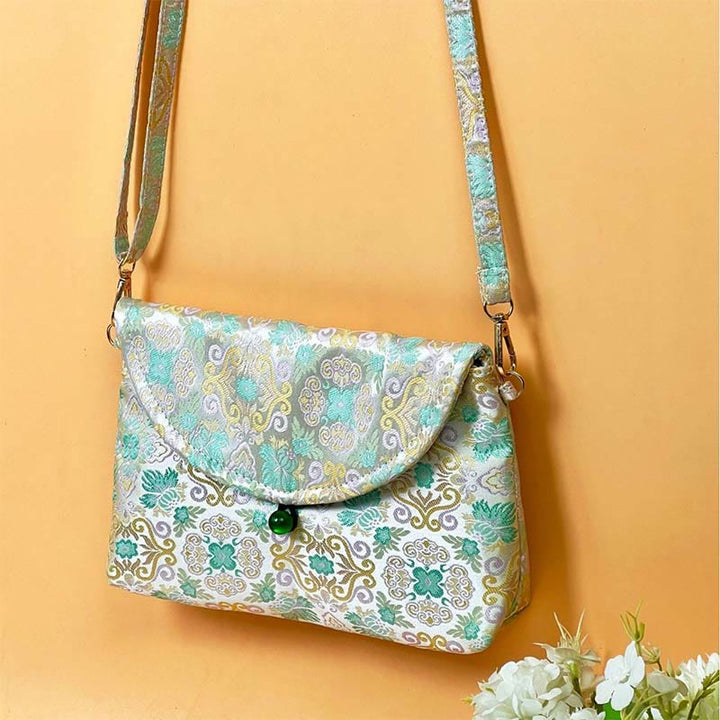Sac bandoulière en polyester et coton brodé avec motifs de fleurs rétro et Buddha Stones