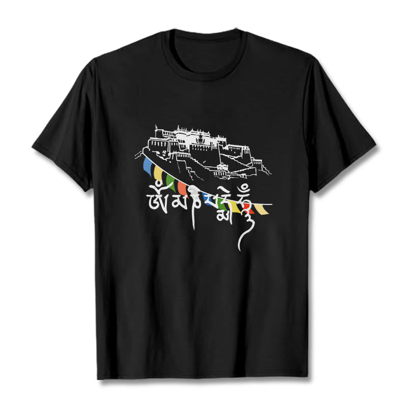T-shirt en coton avec drapeaux de prière et Buddha Stones, palais du Potala, Om Mani Padme Hum - Noir - 2XL - image 4