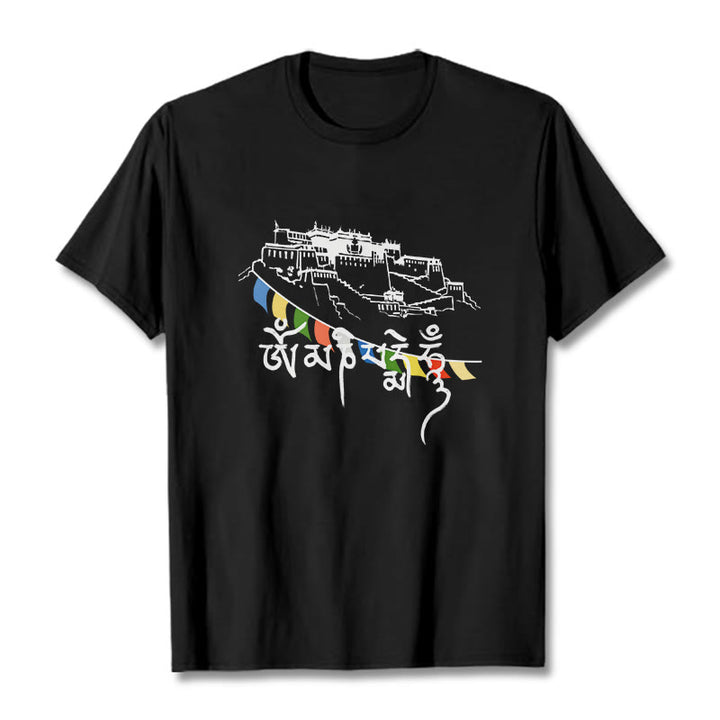 T-shirt en coton avec drapeaux de prière et Buddha Stones, palais du Potala, Om Mani Padme Hum - Noir - 2XL - image 4