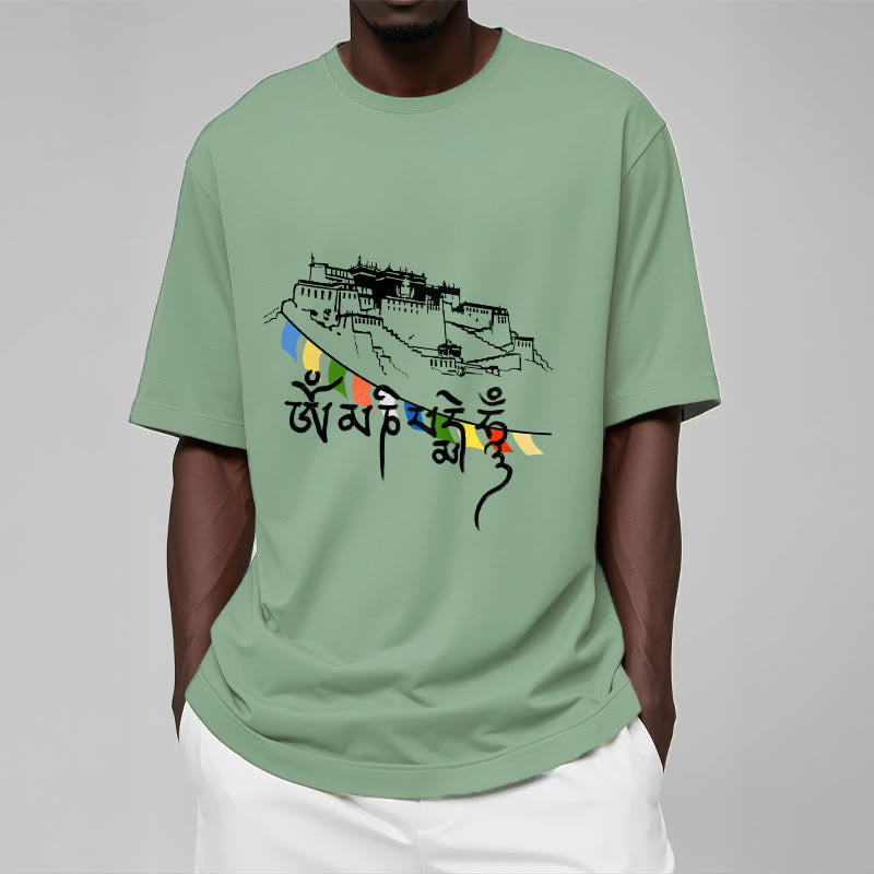 T-shirt en coton avec drapeaux de prière et Buddha Stones, palais du Potala, Om Mani Padme Hum - image 15