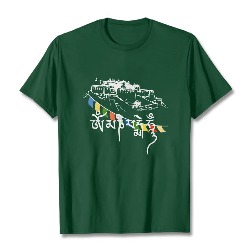T-shirt en coton avec drapeaux de prière et Buddha Stones, palais du Potala, Om Mani Padme Hum - Vert forêt - 2XL - image 2