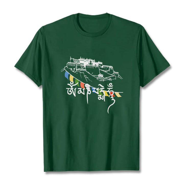 T-shirt en coton avec drapeaux de prière et Buddha Stones, palais du Potala, Om Mani Padme Hum - Vert forêt - 2XL - image 2