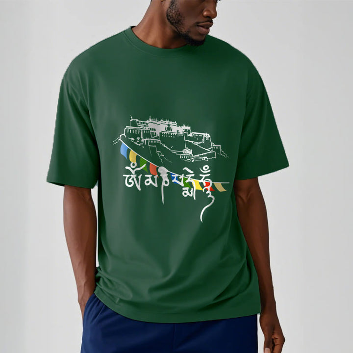 T-shirt en coton avec drapeaux de prière et Buddha Stones, palais du Potala, Om Mani Padme Hum - image 3