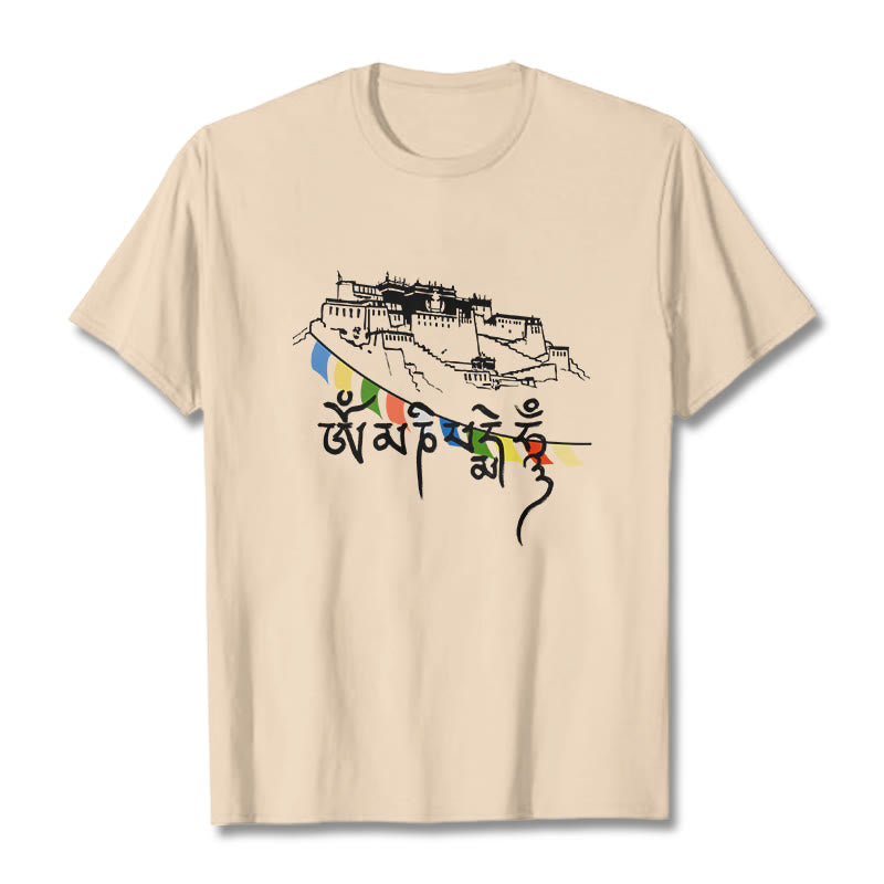 T-shirt en coton avec drapeaux de prière et Buddha Stones, palais du Potala, Om Mani Padme Hum - Bisque - 2XL - image 9