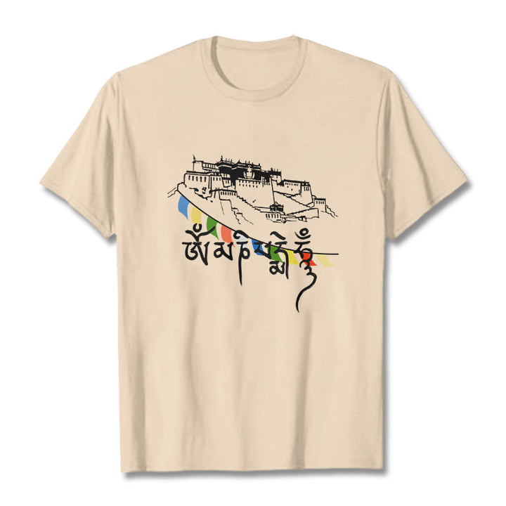T-shirt en coton avec drapeaux de prière et Buddha Stones, palais du Potala, Om Mani Padme Hum - Bisque - 2XL - image 9