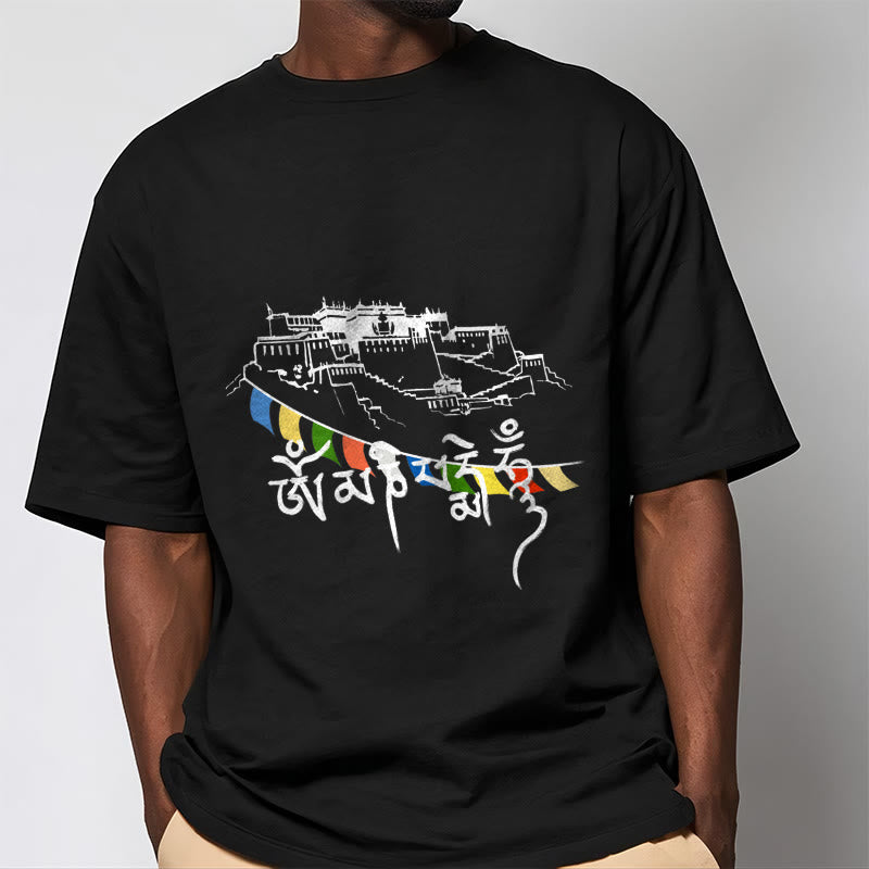 T-shirt en coton avec drapeaux de prière et Buddha Stones, palais du Potala, Om Mani Padme Hum - image 5
