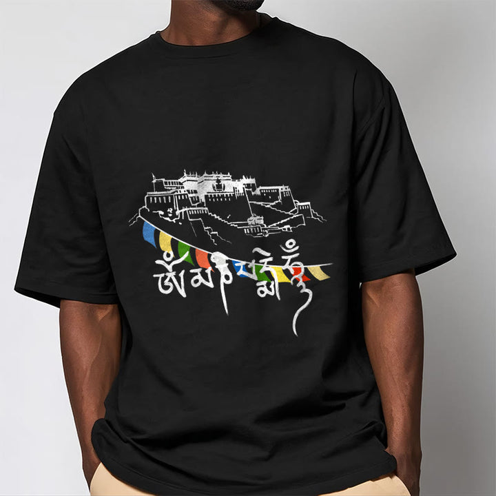 T-shirt en coton avec drapeaux de prière et Buddha Stones, palais du Potala, Om Mani Padme Hum - image 5