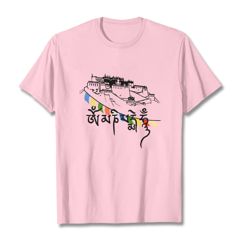 T-shirt en coton avec drapeaux de prière et Buddha Stones, palais du Potala, Om Mani Padme Hum - Rose clair - 2XL - image 18