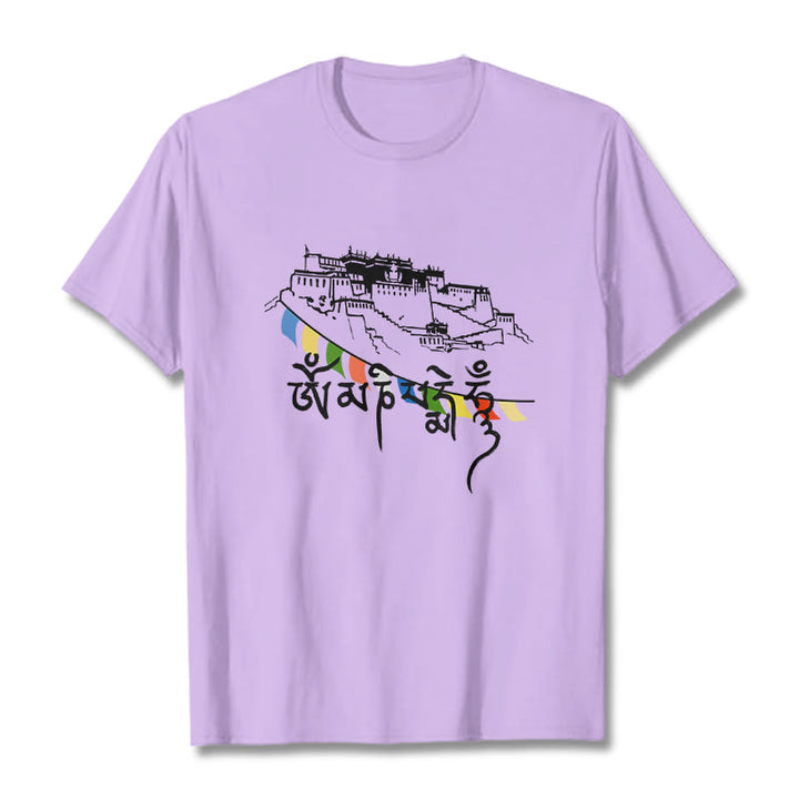 T-shirt en coton avec drapeaux de prière et Buddha Stones, palais du Potala, Om Mani Padme Hum - Prune - 2XL - image 16