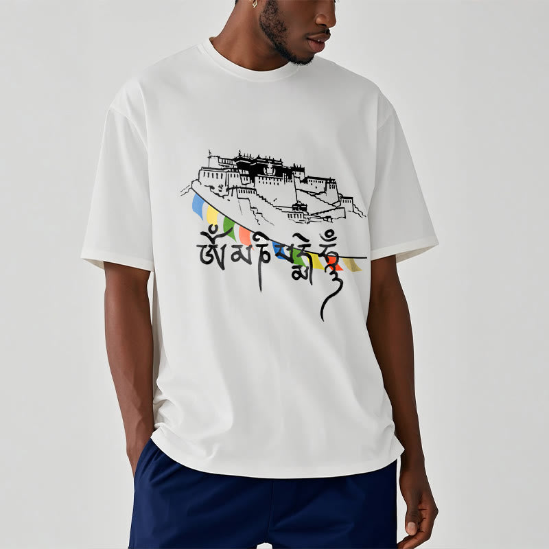 T-shirt en coton avec drapeaux de prière et Buddha Stones, palais du Potala, Om Mani Padme Hum - image 12