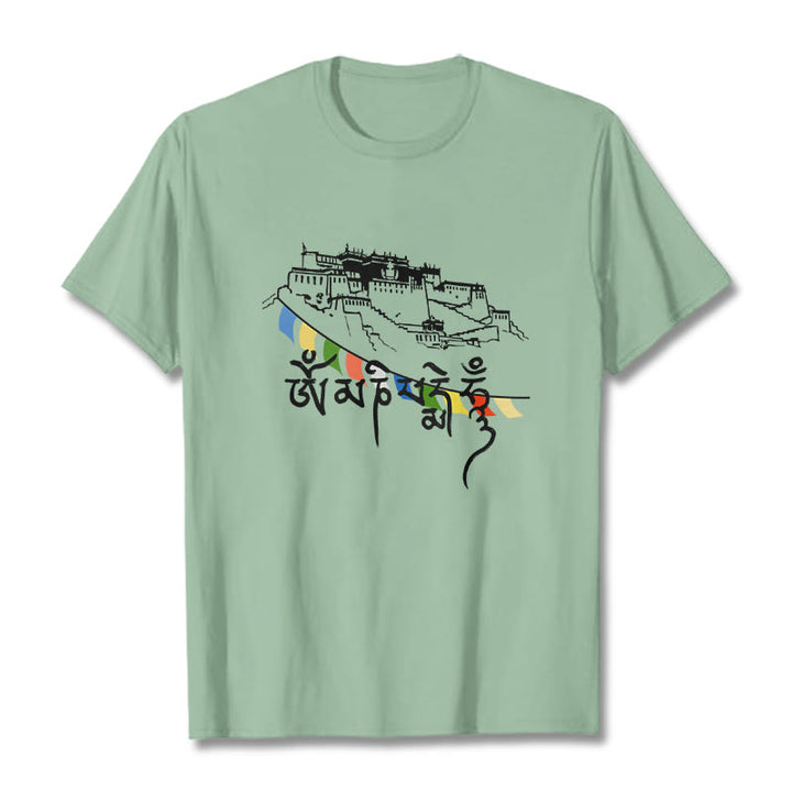T-shirt en coton avec drapeaux de prière et Buddha Stones, palais du Potala, Om Mani Padme Hum - Vert pâle - 2XL - image 15