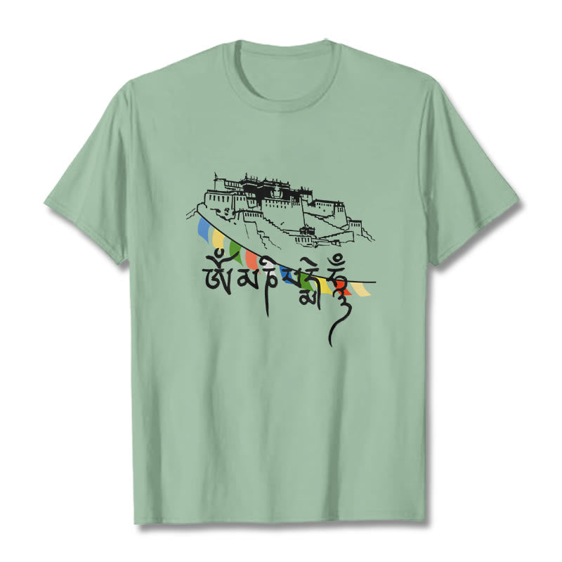 T-shirt en coton avec drapeaux de prière et Buddha Stones, palais du Potala, Om Mani Padme Hum - Vert pâle - 2XL - image 14