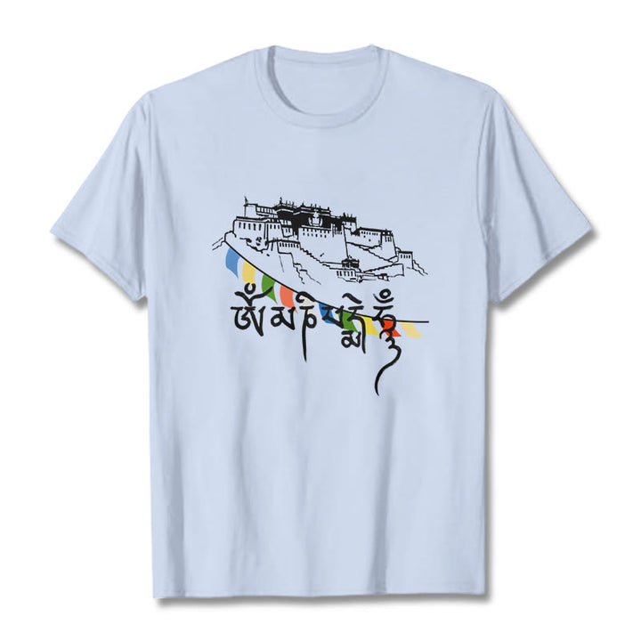 T-shirt en coton avec drapeaux de prière et Buddha Stones, palais du Potala, Om Mani Padme Hum - Cyan clair - 2XL - image 9