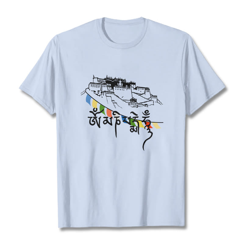 T-shirt en coton avec drapeaux de prière et Buddha Stones, palais du Potala, Om Mani Padme Hum - Cyan clair - 2XL - image 8