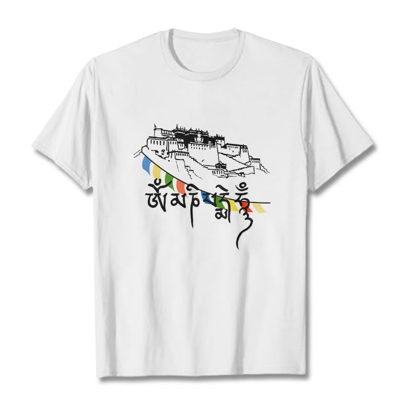 T-shirt en coton avec drapeaux de prière et Buddha Stones, palais du Potala, Om Mani Padme Hum - Blanc - 2XL - image 11