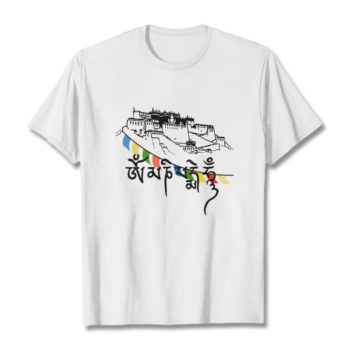 T-shirt en coton avec drapeaux de prière et Buddha Stones, palais du Potala, Om Mani Padme Hum - Blanc - 2XL - image 11