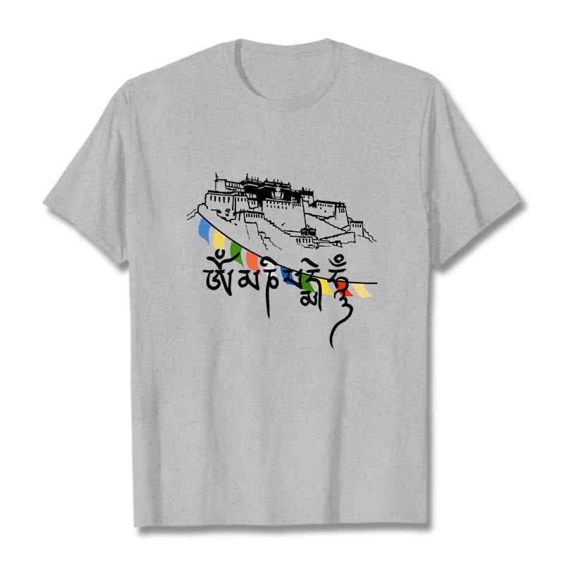 T-shirt en coton avec drapeaux de prière et Buddha Stones, palais du Potala, Om Mani Padme Hum - Gris clair - 2XL - image 0