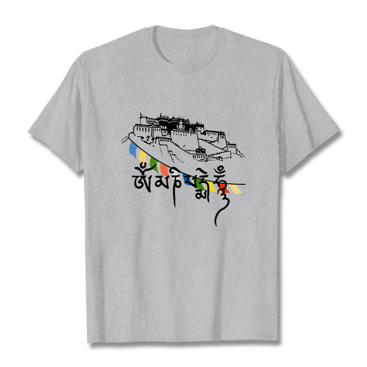 T-shirt en coton avec drapeaux de prière et Buddha Stones, palais du Potala, Om Mani Padme Hum - Gris clair - 2XL - image 0