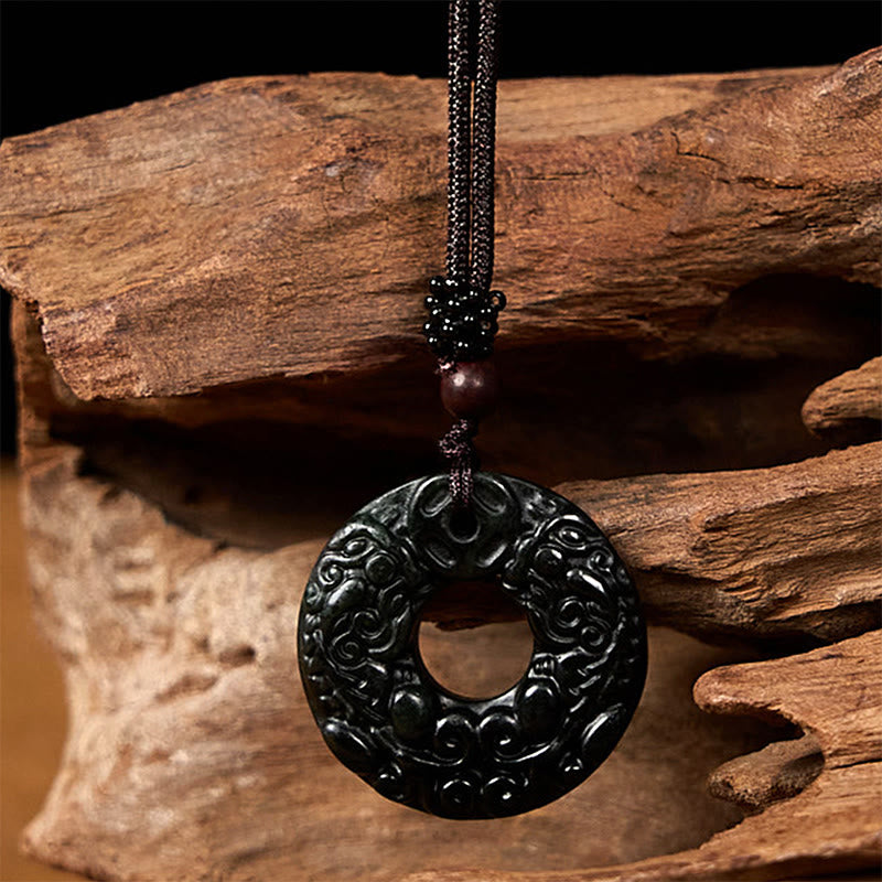 Buddha Stones pendentif en jade noir et vert tibétain Nanyang PiXiu avec boucle de paix et protection - image 5