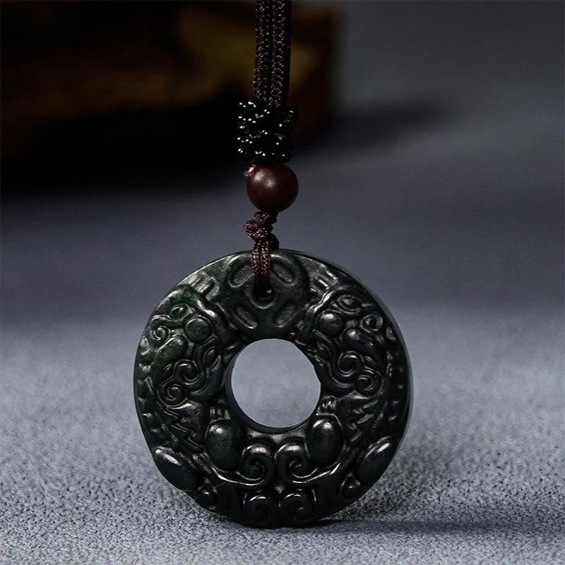 Buddha Stones pendentif en jade noir et vert tibétain Nanyang PiXiu avec boucle de paix et protection - image 2