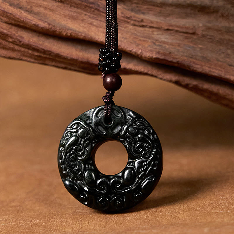 Buddha Stones pendentif en jade noir et vert tibétain Nanyang PiXiu avec boucle de paix et protection - Jade noir-vert de Nanyang - image 1