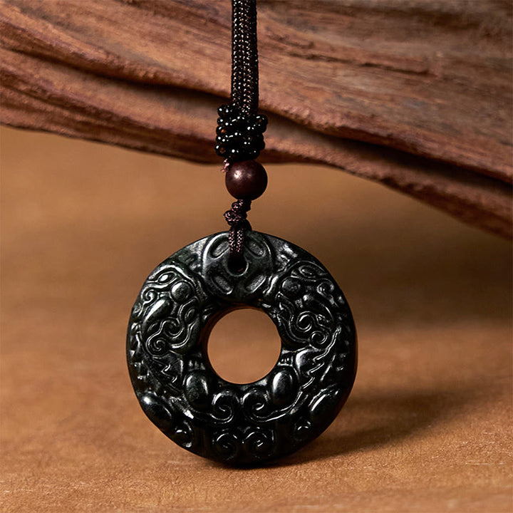 Buddha Stones pendentif en jade noir et vert tibétain Nanyang PiXiu avec boucle de paix et protection - Jade noir-vert de Nanyang - image 1