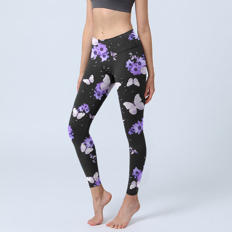 Leggings de yoga pour femme à imprimé floral et papillon violet Buddha Stones - Noir - US18，UK/AU22，EU50 (4XL) - image 1