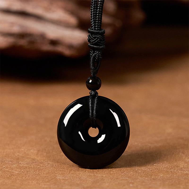 Buddha Stones Collier avec pendentif en corde de force et boucle de paix en obsidienne noire naturelle