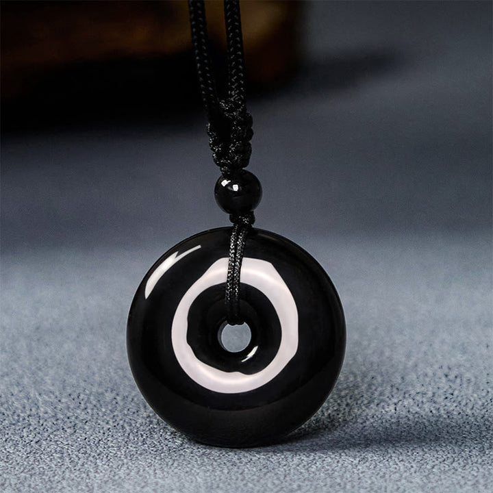 Buddha Stones Collier avec pendentif en corde de force et boucle de paix en obsidienne noire naturelle