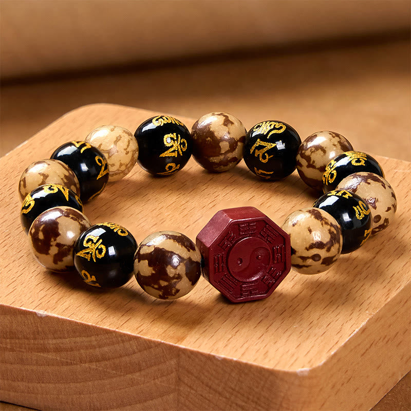 Buddha Stones Bodhi Graine Om Mani Padme Hum Bagua Yin Yang Cinabre Sculpté Calme Bracelet