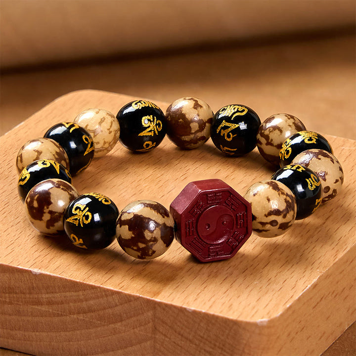 Buddha Stones Bodhi Graine Om Mani Padme Hum Bagua Yin Yang Cinabre Sculpté Calme Bracelet