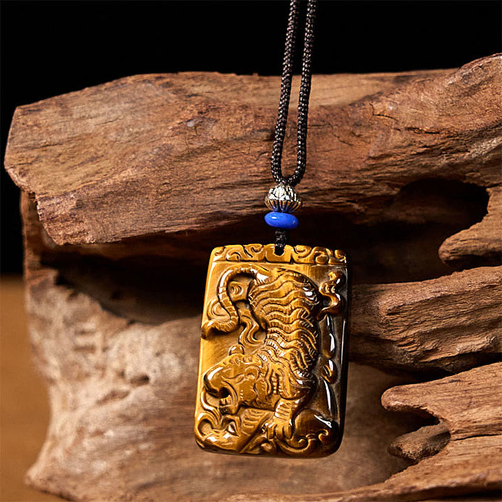Collier pendentif en corde de protection avec Buddha Stones œil de tigre naturel carré motif tigre