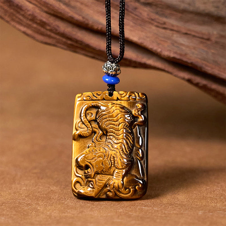 Collier pendentif en corde de protection avec Buddha Stones œil de tigre naturel carré motif tigre