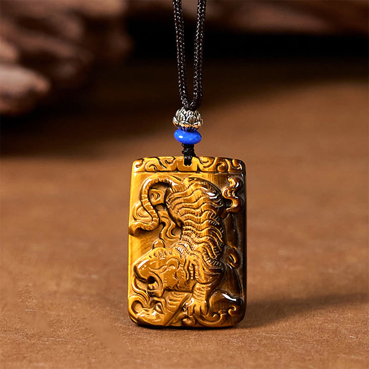 Collier pendentif en corde de protection avec Buddha Stones œil de tigre naturel carré motif tigre