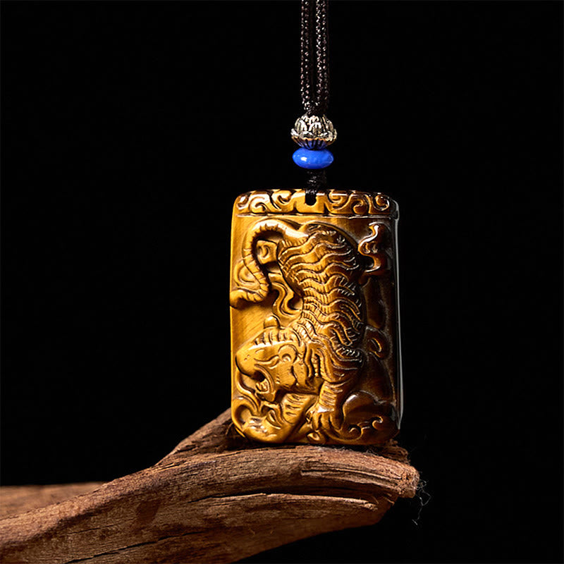 Collier pendentif en corde de protection avec Buddha Stones œil de tigre naturel carré motif tigre